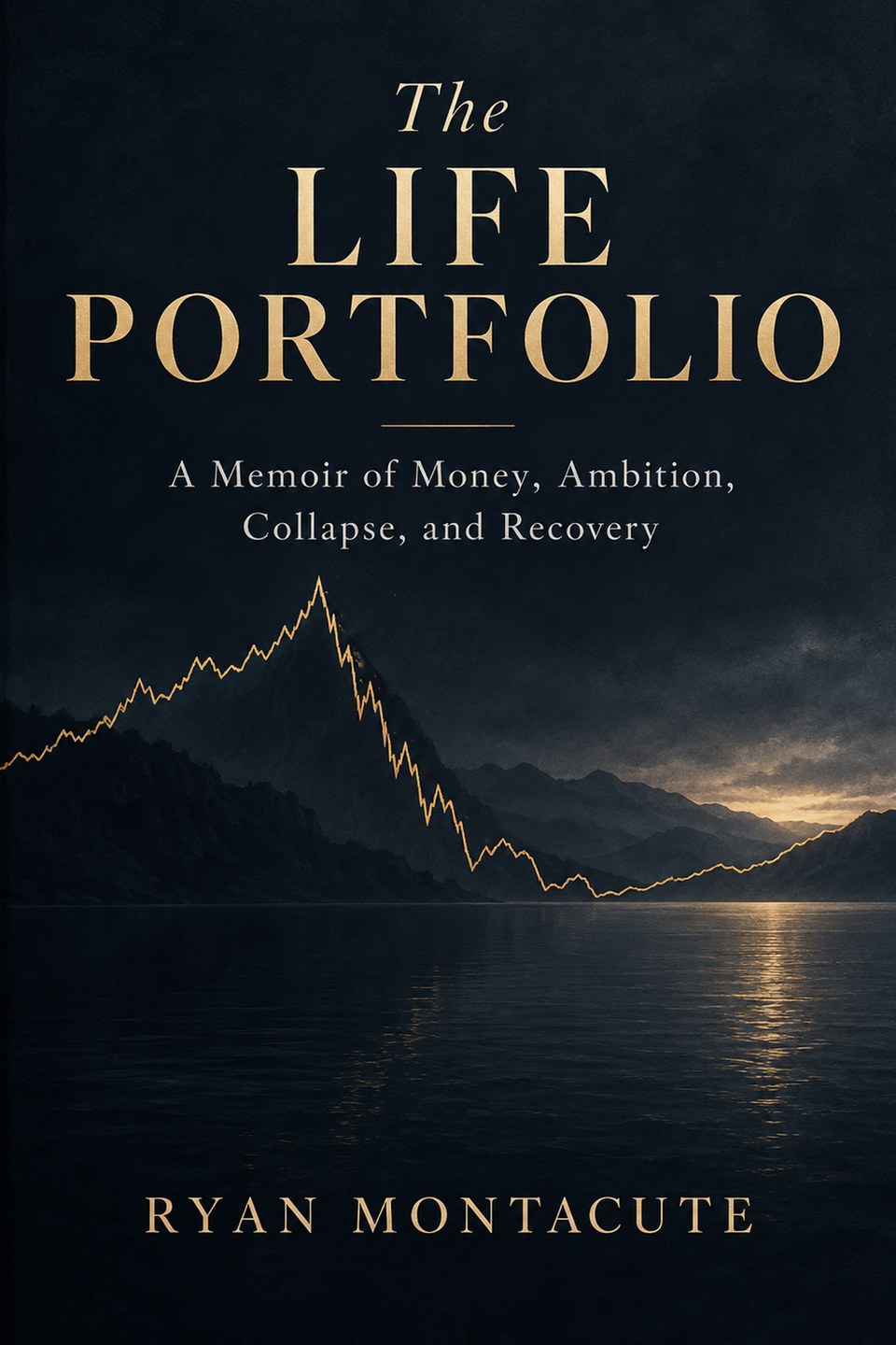 The Life Portfolio: A Memoir of Money, Ambition, Collapse, and Recovery, by Ryan Montacute. Gold lettering above mountains and a lake at sunrise.